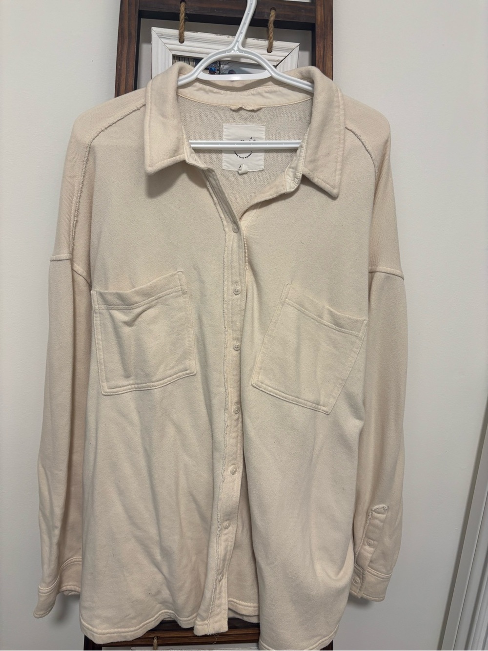AERIE Cream Button-Up Shirt Jacket with Front Pockets